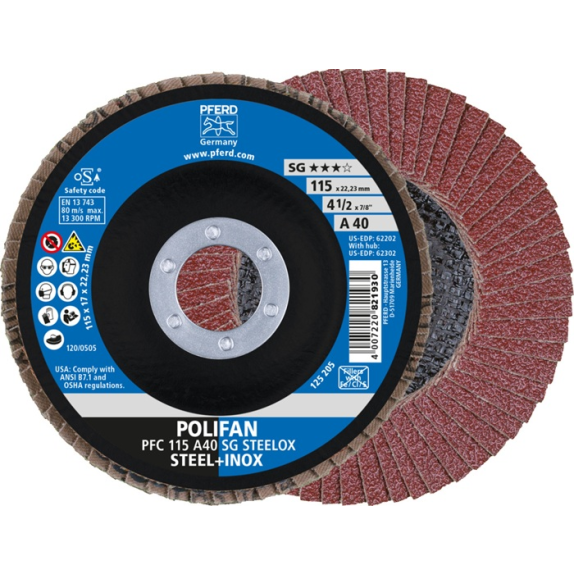 Fächerscheibe POLIFAN A PSF STEELOX D.115mm K.A-40 kon.Stahl/INOX NK Fächerscheibe POLIFAN A PSF STEELOX D.115mm K.A-40 kon.Stahl/INOX NK-Beschreibung lesen