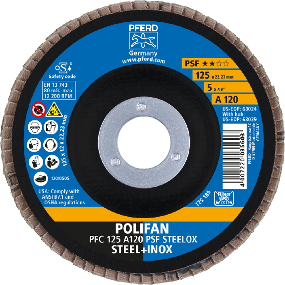 Fächerscheibe POLIFAN A PSF STEELOX D.125mm K.120 kon.Stahl/Holz Korund A-Beschreibung lesen