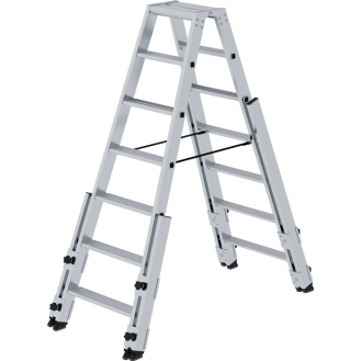 Stufenstehleiter 2x7 Stufen Alu.Gesamt-H.1610mm m.4 Holmverlängerungen MUNK-Beschreibung lesen