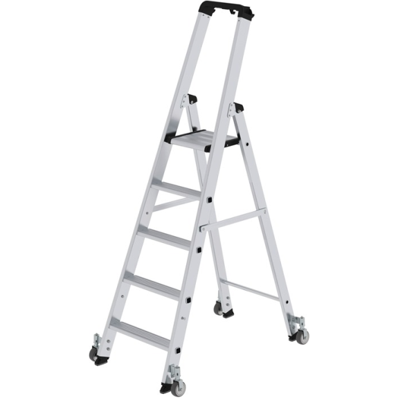 Stufenstehleiter 5 Stufen Alu.Gesamt-H.1810mm m.Rl. Stufenstehleiter 5 Stufen Alu.Gesamt-H.1810mm m.Rl.-Beschreibung lesen