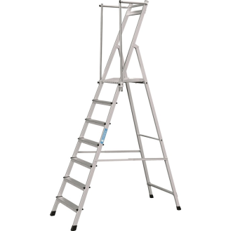 Plattformleiter 7 Stufen Alu-Plattform L400xB400mm mit klappbarem Handlauf-Beschreibung lesen