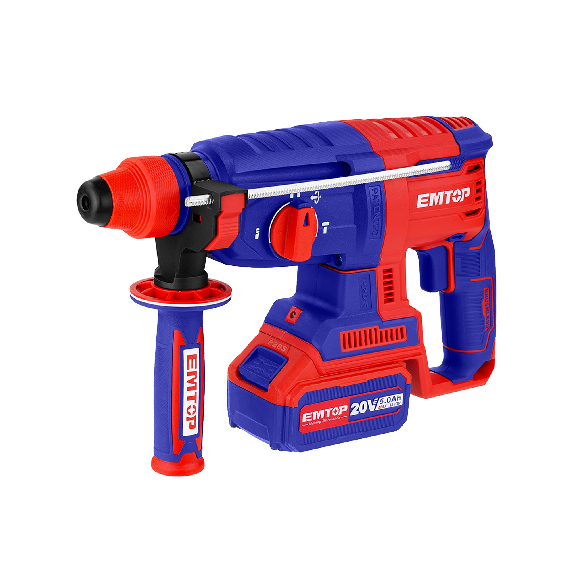 Marteau perforateur Burineur sans fil EMTOP 20V avec 1 chargeur + 2 Batteries 4.0Ah Lithium-ion Moteur brushless avec 3 forets et 1 burin Rotatif 26 mm 2.5J SDS-Plus-Lire la description