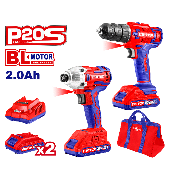 Ensemble perceuse visseuse + visseuse à chocs moteur brushless sans fil EMTOP 20V avec 1 chargeur + 2 Batteries Lithium-ion 2.0Ah 170Nm avec 2 embouts de tournevis 3 pièces de réglage d'écrous et sac de transport-Lire la description