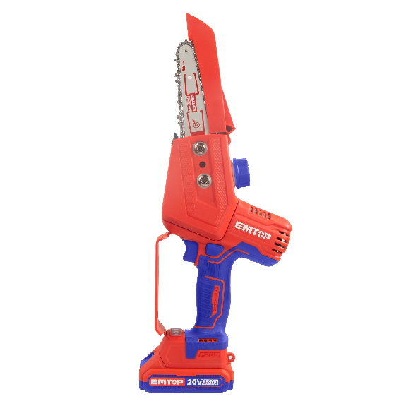 Mini tronçonneuse à batterie Scie à chaine sans fil EMTOP 20V brushless avec 1 chargeur + 2 batteries lithium-ion 2.0Ah + Gant picots PVC Lunettes de sécurité Longueur de Coupe 15 cm-Lire la description