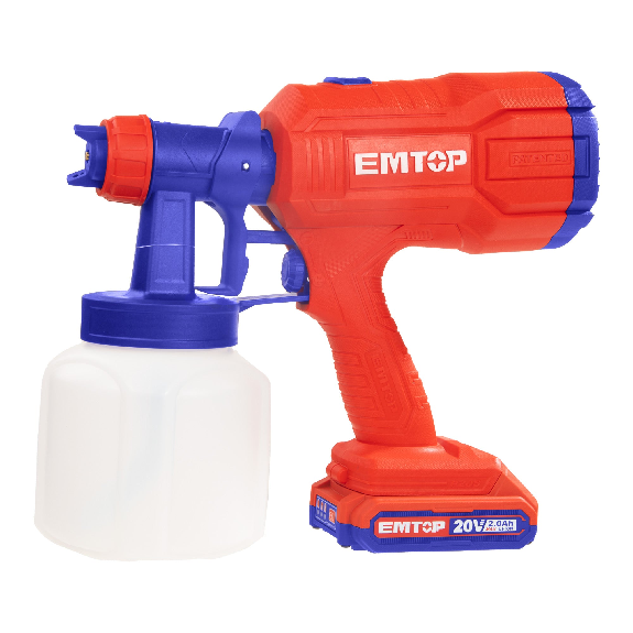 Pistolet à peinture 800ml sans fil EMTOP 20V avec 1 chargeur + 1 Batterie Lithium-ion 2.0Ah-Lire la description