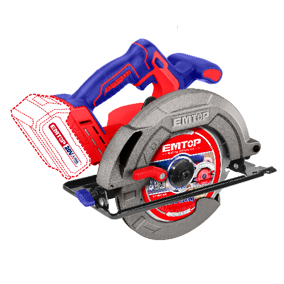Scie circulaire sans fil EMTOP 20V Lithium-ion moteur brushless 4500RPM 185mm Profondeur de coupe 65mm (90º) 45mm (45º) Batterie et chargeur vendus séparément-Lire la description