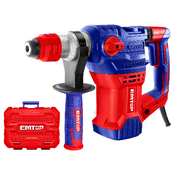 Marteau perforateur filaire 1500W EMTOP Système de mandrin SDS plus anti-vibration avec 3 forets et 2 burins 1 ensemble de balais de charbon + Boîte en plastique-Lire la description