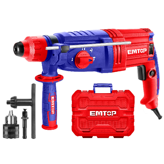 Marteau perforateur filaire 950W EMTOP Système de mandrin SDS plus avec 1 mandrin à clé 13mm 3 forets et 2 burins 1 ensemble de balais de charbon + Boîte en plastique-Lire la description
