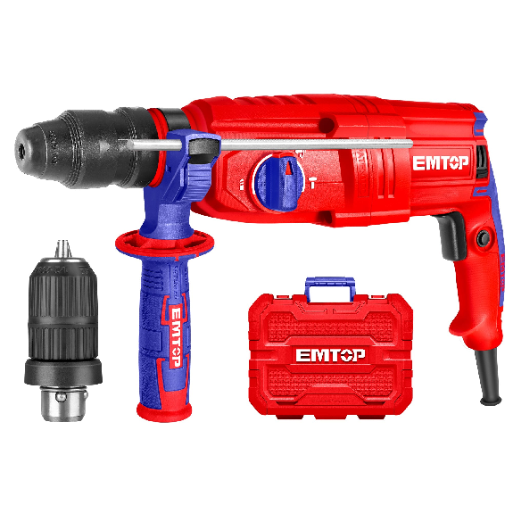 Marteau perforateur filaire 800W EMTOP Système de mandrin SDS plus avec 1 mandrin à changement rapide sans clé 3 forets 2 burins 1 ensemble de balais de charbon + Boîte en plastique-Lire la description