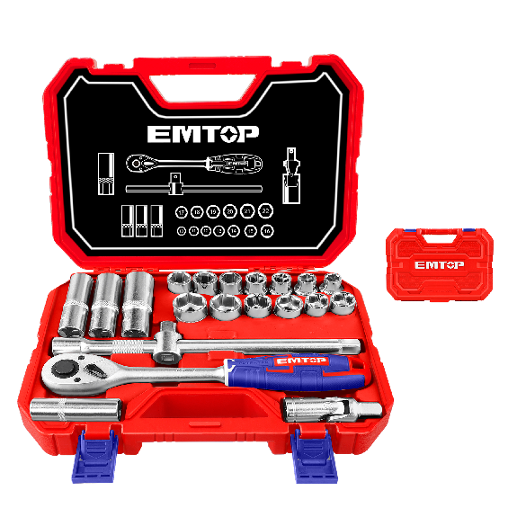 Coffret jeu de 21 douilles 1/2" EMTOP Acier Cr-V de haute qualité Traité thermiquement Chromé avec une boite BMC-Lire la description