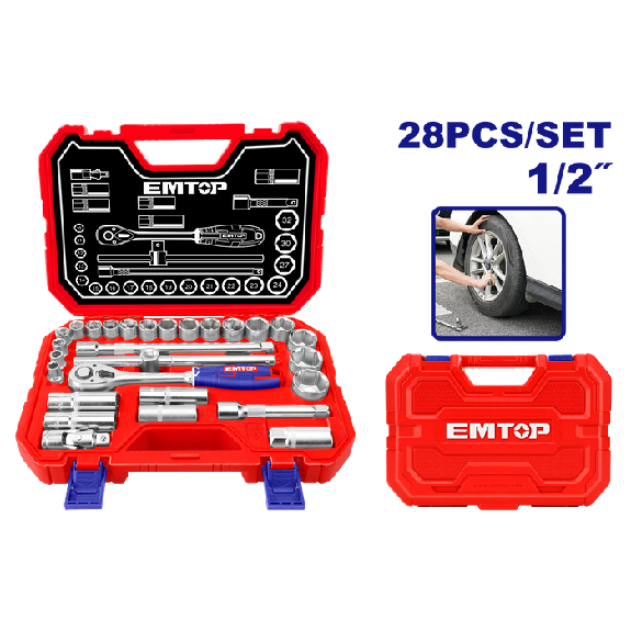 Coffret jeu de 28 douilles 1/2" EMTOP Acier Cr-V de haute qualité Traité thermiquement avec une boite BMC-Lire la description