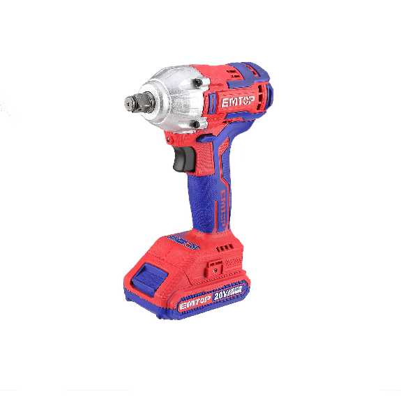 Clé à chocs sans fil EMTOP 20V moteur brushless avec 1 chargeur + 2 Batteries Lithium-ion 2.0Ah 300Nm avec 3 douilles et sac de transport-Lire la description