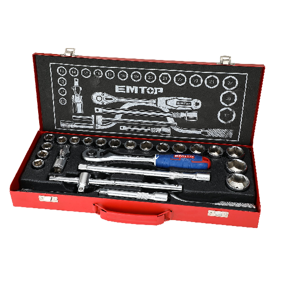 Coffret jeu de 24 douilles 1/2" EMTOP Acier Cr-V de haute qualité Micro fini et chromé dans une caisse métallique-Lire la description