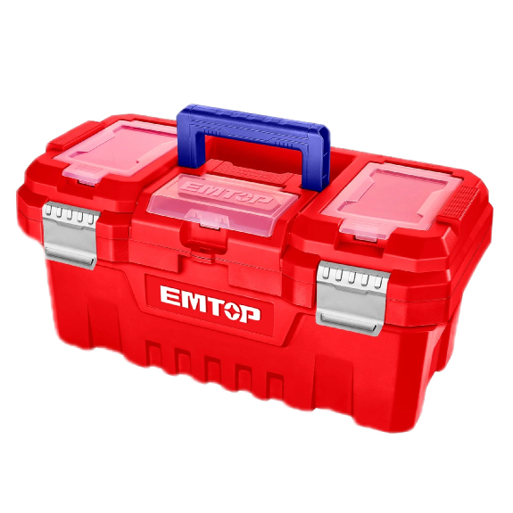 Boîte à outils en plastique EMTOP 17" Charge maximale 15Kg Boucle en métal Poignée haute résistance Couvercle supérieur avec trois zones de rangement Contient 1 plateau en plastique-Lire la description