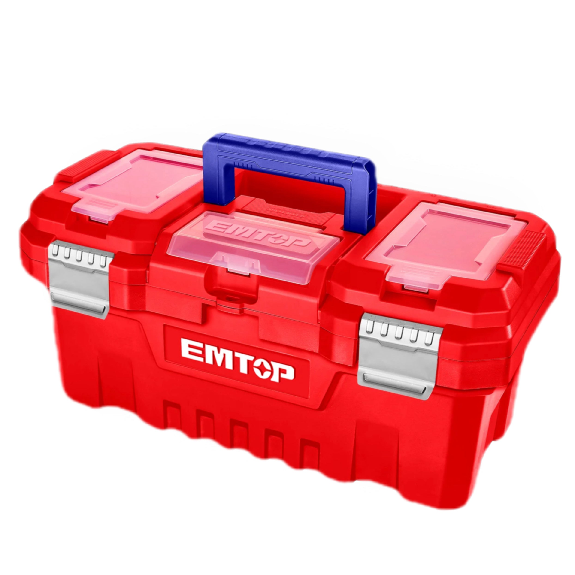 Boîte à outils en plastique EMTOP 20" Charge maximale 20Kg Boucle en métal Poignée haute résistance Couvercle supérieur avec trois zones de rangement Contient 1 plateau en plastique-Lire la description