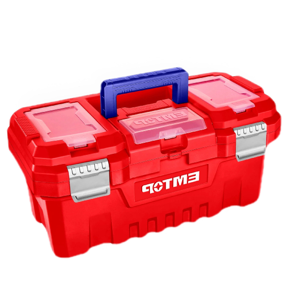 Boîte à outils en plastique EMTOP 14" Charge maximale 10Kg Boucle en métal Poignée haute résistance Couvercle supérieur avec trois zones de rangement Contient 1 plateau en plastique-Lire la description