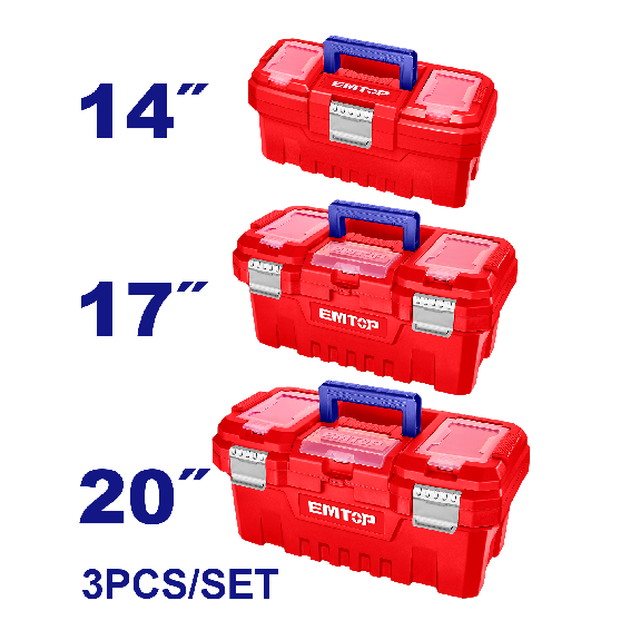 Ensemble de 3 boîtes à outils en plastique EMTOP 14" + 17" + 20" Boucle en métal Poignée haute résistance Couvercle supérieur avec trois zones de rangement Contient 1 plateau en plastique-Lire la description