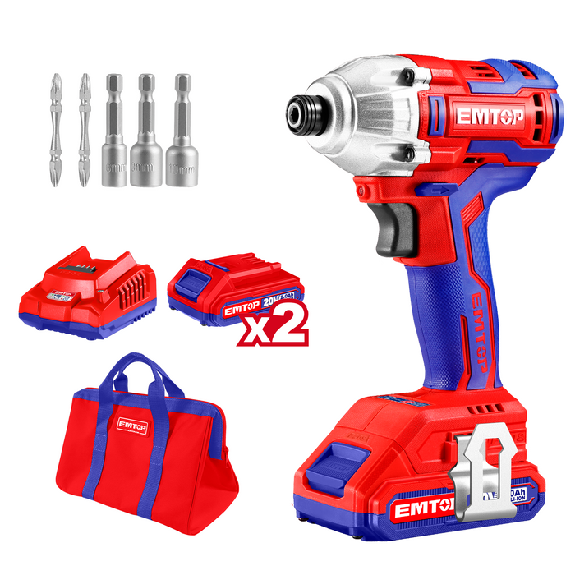 Visseuse à chocs sans fil EMTOP 20V moteur brushless avec 1 chargeur + 2 Batteries Lithium-ion 2.0Ah 170Nm avec 2 embouts de tournevis 3 pièces de réglage d'écrous et sac de transport-Lire la description