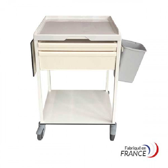 Guéridon de service 2 tiroirs avec 1 tabllette rabattable et 1 poubelle-Lire la description
