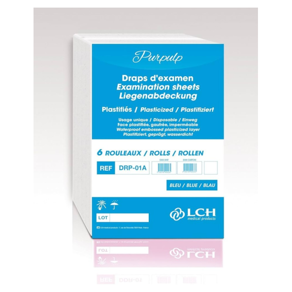 Draps d'examen plastifiés bleus 50x38 cm 68m (Carton de 6 rouleaux)-Lire la description