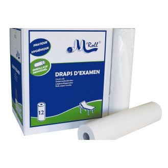 Drap d'examens ouaté recyclée lisse blanc 2 plis M'Roll 50x35cm 135 formats 18g/m2 (carton de 12 rouleaux)-Lire la description