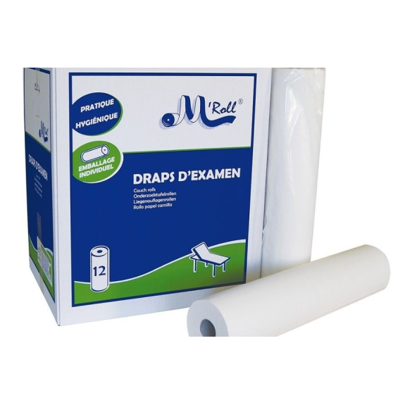 Drap d'examens ouaté recyclée lisse blanc 2 plis M'Roll 50x35cm 135 formats 18g/m2 (carton de 12 rouleaux)-Lire la description