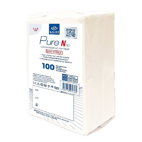Compresses non tissées non stériles LCH PURE N30 5x5cm - 4plis (sachet de 100)-Lire la description
