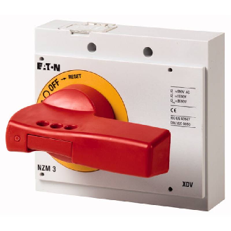 Poignée rotative verrouillable rouge-jaune pour disjoncteur taille 3-Lire la description