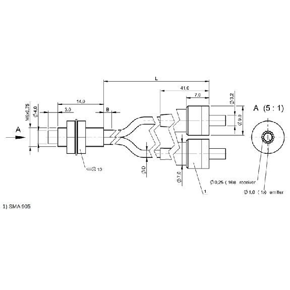 Fibre opt. directe coaxiale, plast. Ø2,2mm, tête M6, 1m - BFO D22-XB-LB-EAK-15-SA1-02 (BFO00C4)-Lire la description