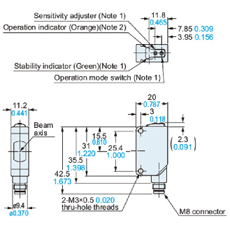 Cellule Bar. reflex PNP P=5m LR LO/DO 12-24Vdc / M08 4P - CX-493-P-Z-Lire la description