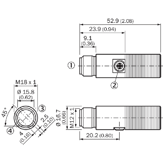 Cellule Bar. reflex PNP P=5m LO M18 Inox Axial IP69K / M12 4P - MHL15-P3236V (ARTICLE RECONDITIONNE)-Lire la description