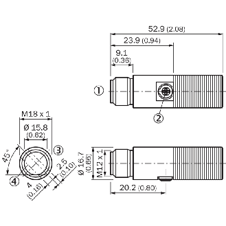 Cellule Bar. reflex PNP P=5m LO M18 Inox Axial IP69K / M12 4P - MHL15-P3236V (ARTICLE RECONDITIONNE)-Lire la description