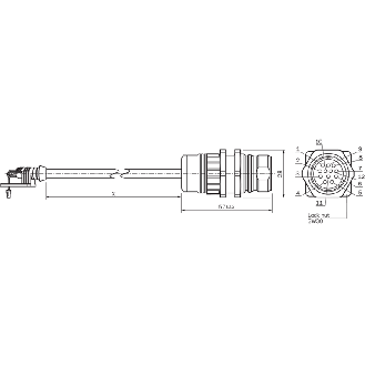 JST Fem Droit 8p/M23 Mâle Droit 12p; Câble Blindé PUR 8 fils 0,35m - STL-2312-GM35AA3-Lire la description