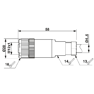 M12A Fem Droit 4p; Bornes à vis (x4), Ø4-6mm Pg7 - SACC-M12FS-4CON-PG7-Lire la description