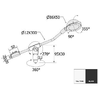 Lampe avec bras 300mm, LED 120°, 4.5W, 230Vac, Noir (RAL 9005) - 960122RT4-Lire la description