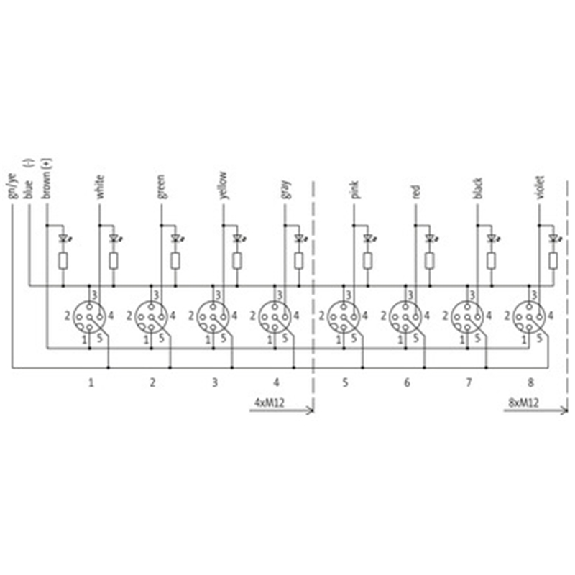 Répartiteur 4xM12 4p; Câble PUR/PVC UL/CSA 4*0.34+3*0.75 Gris Cpc 3m - 8000-84410-3330300-Lire la description
