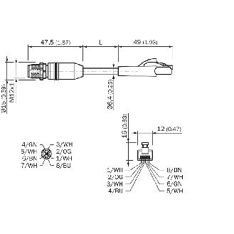 M12X Mâle Droit 8p/RJ45 Mâle Droit 8p; Câble PUR 8 fils 10m - YM2X18-100EG1MRJA8-Lire la description