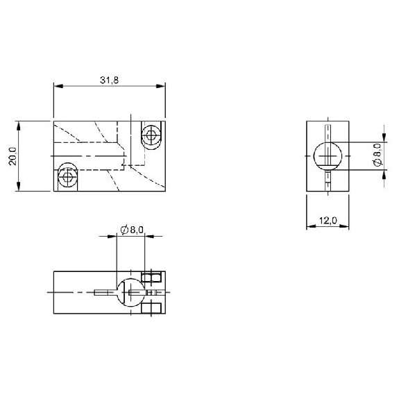 Butée fixe pour détecteur Ø8mm ou M08, 31,8x12x20mm, aluminium - BES 08-FA-BS-8,0-W (BAM009T)-Lire la description