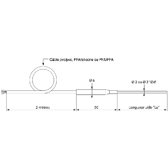 Sonte Pt100 x1 cl A Ø2x50mm, câble 2m PFA (250°C) - SLM250 TE-Lire la description