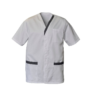 Tunique médicale Homme col V avec Parement de Couleur Blouse Manche Courte Professionnelle Blanche Fermeture par 4 Pressions cachées-Lire la description