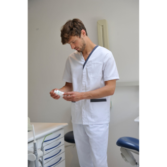 Tunique médicale Homme col V avec Parement de Couleur Blouse Manche Courte Professionnelle Blanche Fermeture par 4 Pressions cachées-Lire la description