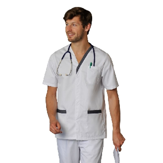 Tunique médicale Homme col V avec Parement de Couleur Blouse Manche Courte Professionnelle Blanche Fermeture par 4 Pressions cachées-Lire la description