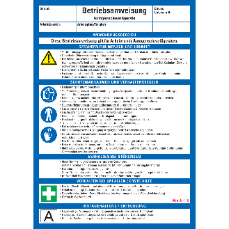 Maschinenbetriebsanweisung Autogenschweißgeräte, Kunststoff, 210x297mm, ASR A1.3, DIN EN ISO 7010-Beschreibung lesen
