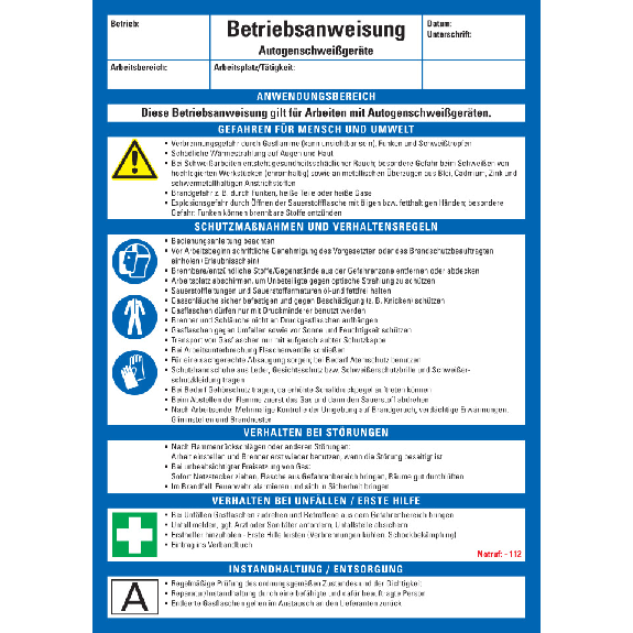 Maschinenbetriebsanweisung Autogenschweißgeräte, Kunststoff, 210x297mm, ASR A1.3, DIN EN ISO 7010-Lire la description