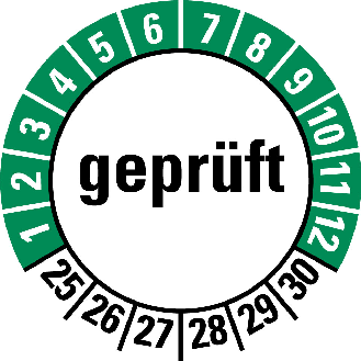 Prüfplakette geprüft, 25-30, weiß/grün, Folie, selbstklebend, Ø 20mm, 10/Bogen-Beschreibung lesen