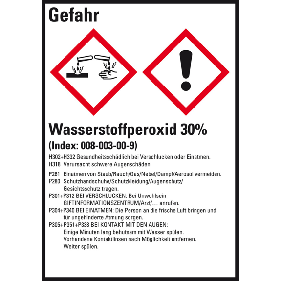 GHS-Etikett Wasserstoffperoxid 30%, GefStoffV/GHS/CLP, Folie, 74x52mm, 10/Bogen GHS-Etikett Wasserstoffperoxid 30%, GefStoffV/GHS/CLP, Folie, 74x52mm, 10/Bogen-Beschreibung lesen