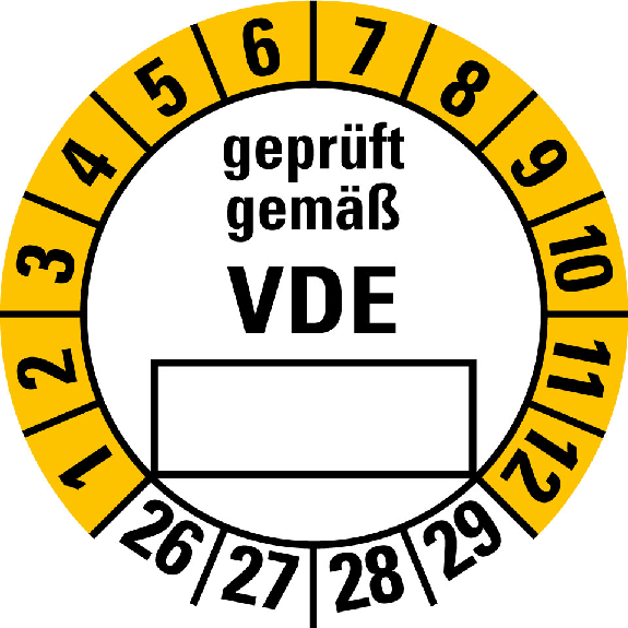 Prüfplakette geprüft gemäß VDE 26-29, Folie, selbstklebend, Ø 30mm, 10/Bogen Prüfplakette geprüft gemäß VDE 26-29, Folie, selbstklebend, Ø 30mm, 10/Bogen-Beschreibung lesen