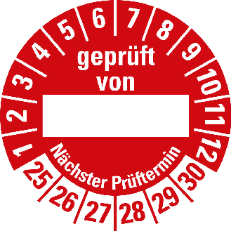 Prüfplakette geprüft von NP,25-30,Beschriftungsfeld,rot,Folie,Ø 30mm,10/Bogen-Beschreibung lesen
