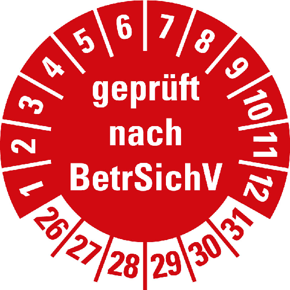 Prüfplakette geprüft nach BetrSichV 26-31,rot,Folie,selbstkl.,Ø 30mm,10/Bogen-Beschreibung lesen