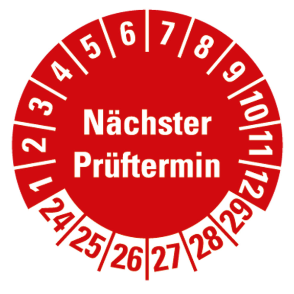 Prüfplakette NP 24-29, rot, Folie, für ölige Untergründe, Ø 20mm, 10/Bogen Prüfplakette NP 24-29, rot, Folie, für ölige Untergründe, Ø 20mm, 10/Bogen-Beschreibung lesen